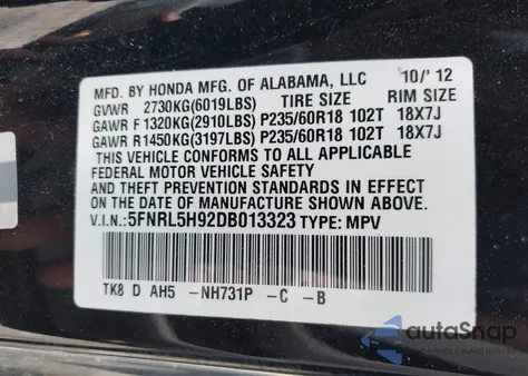 2013 Honda Odyssey Touring/Touring Elite z USA, uszkodzony, nr VIN 5FNRL5H92DB013323